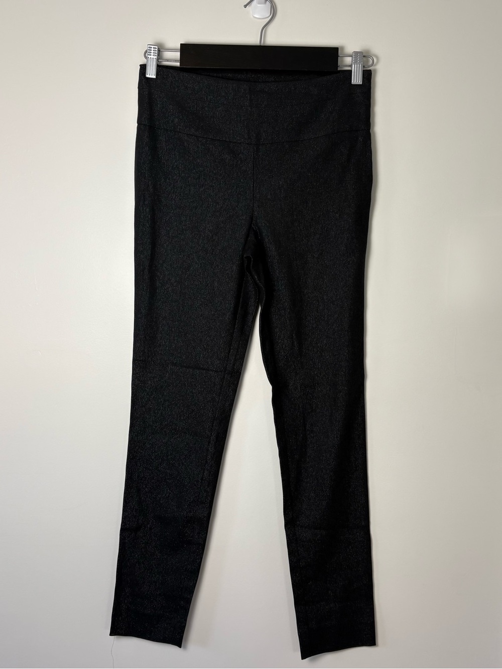 NWT Le Château Women Black Pull-On Pants Metallic Silver Zipper Mid Rise Size